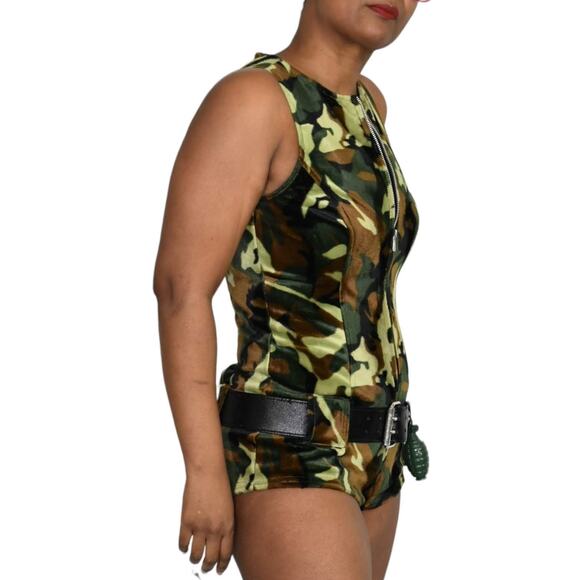 Lip Service Romper Green Vintage One Piece Furry Plush Bodysuit Camo Size Small - Picture 6 of 15